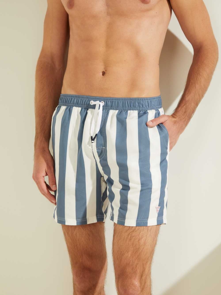 Navy Men's GUESS Striped Woven Swim Trunks Swimwear | USA32IOKWB