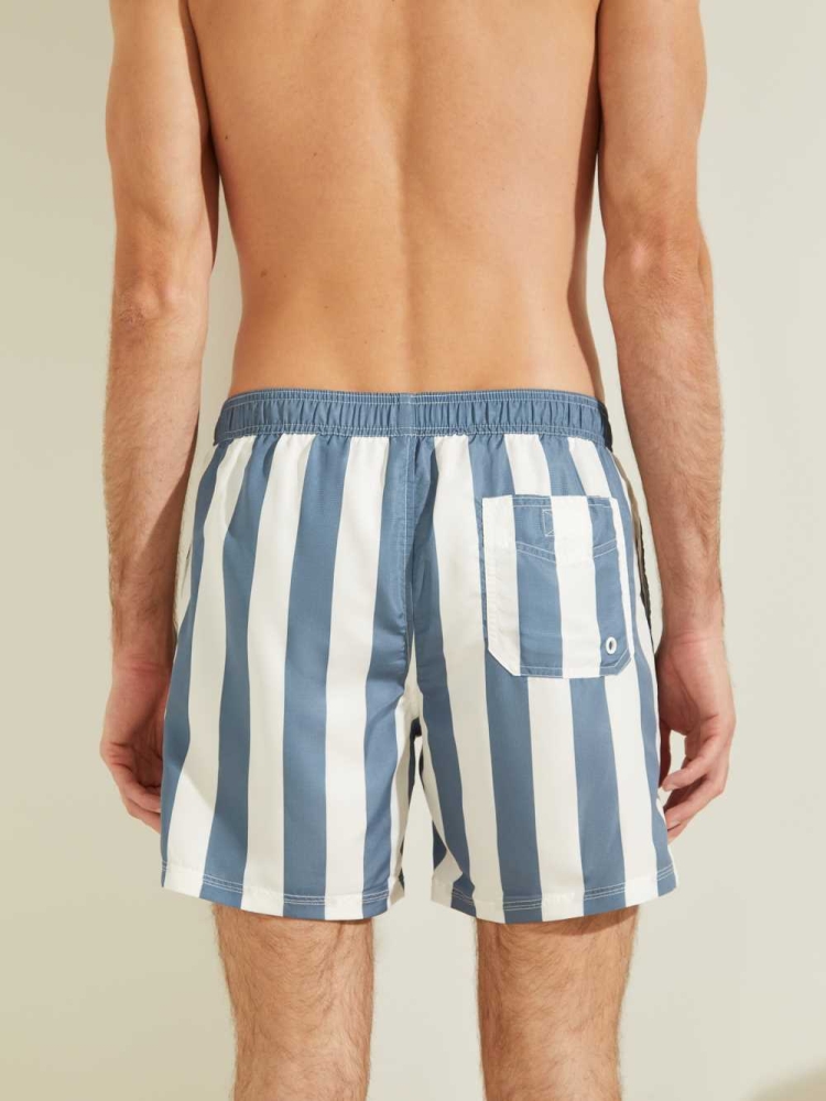 Navy Men's GUESS Striped Woven Swim Trunks Swimwear | USA32IOKWB