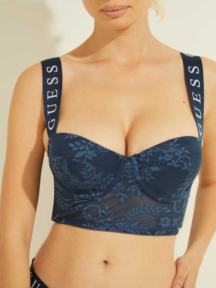 Navy Women's GUESS Logo Tape Longline Bras | USA13ZBJQY