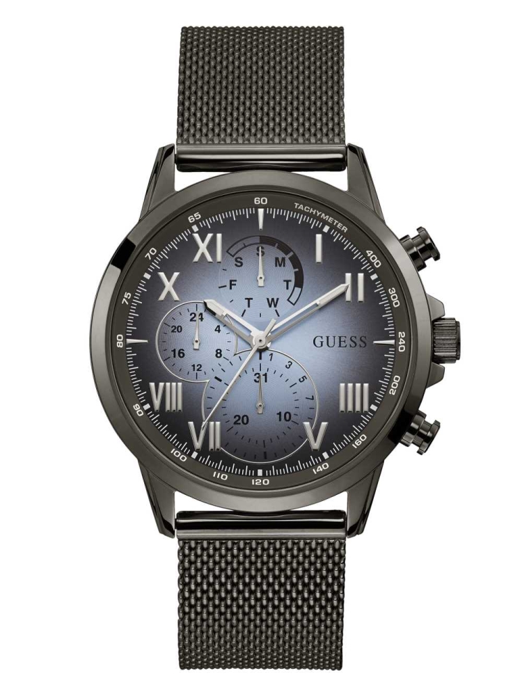 Obsidian Men\'s GUESS Gunmetal And Blue Mesh Multifunctional Watches | USA93ZHJSI