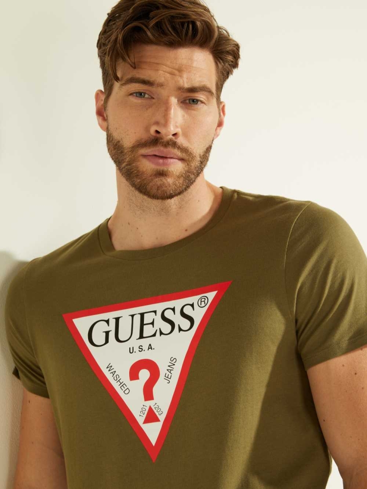 Olive Men's GUESS Classic Logo T-Shirts | USA15QEKOX