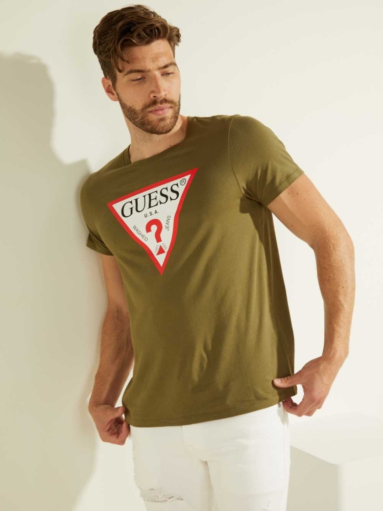 Olive Men\'s GUESS Classic Logo T-Shirts | USA15QEKOX