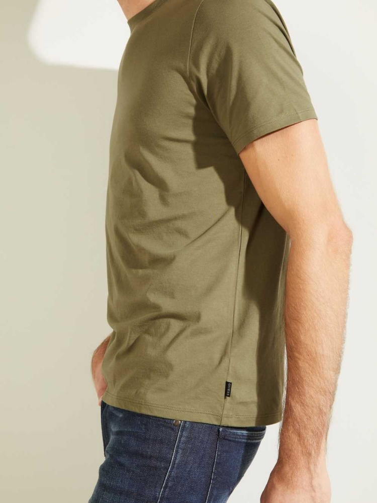 Olive Men's GUESS Classic Pima Crew T-Shirts | USA63QJFYZ