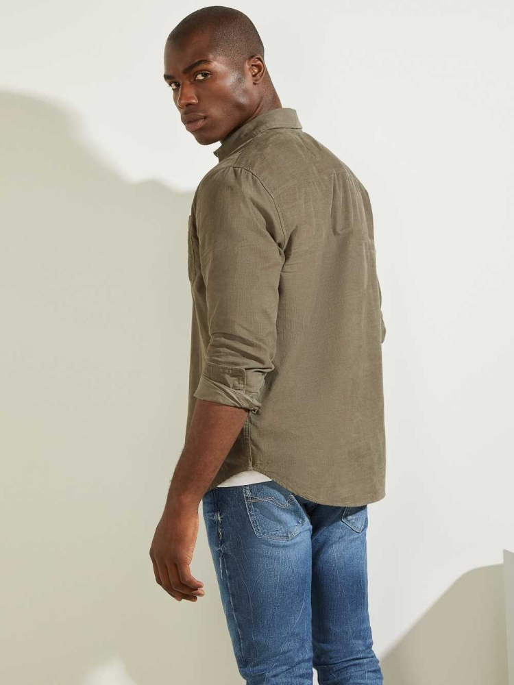 Olive Men's GUESS Collins Corduroy Shirts | USA78CERHK