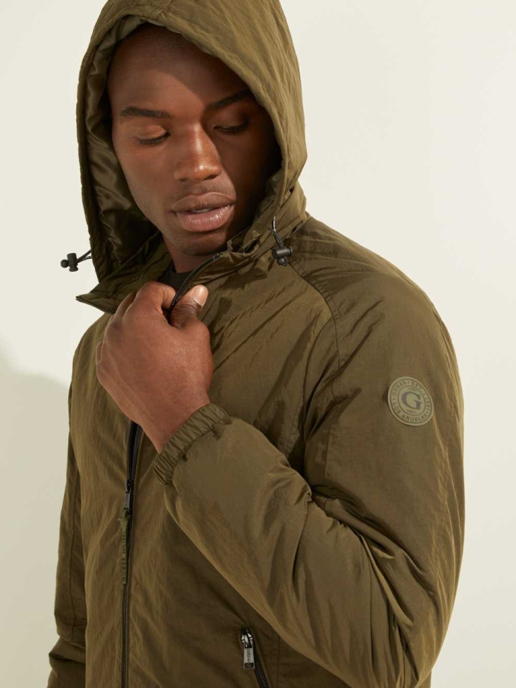 Olive Men's GUESS Eco Hooded Windbreaker | USA34SHRUC