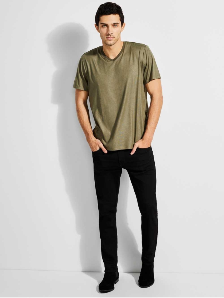 Olive Men's GUESS Mason Yoke V-Neck T-Shirts | USA39BUFMT