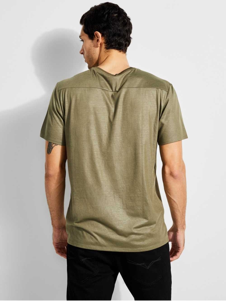 Olive Men's GUESS Mason Yoke V-Neck T-Shirts | USA39BUFMT