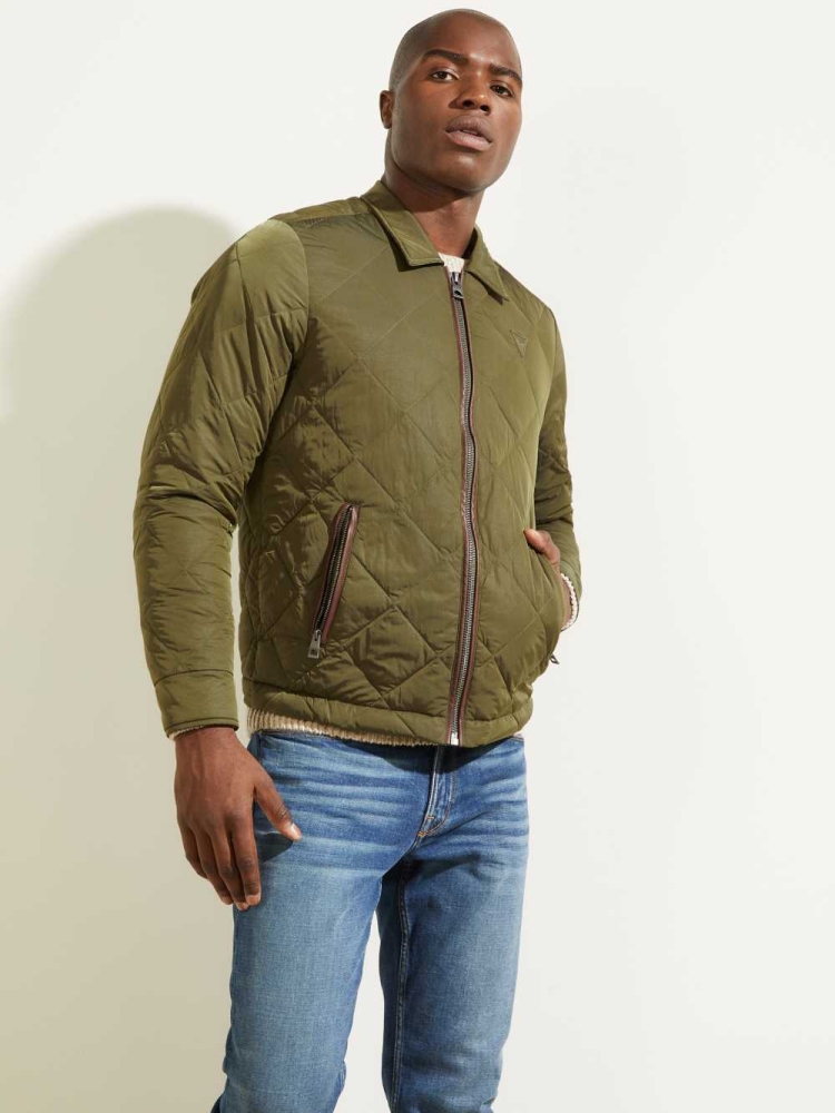 Olive Men's GUESS Nylon Coach Jackets | USA75OUWVA