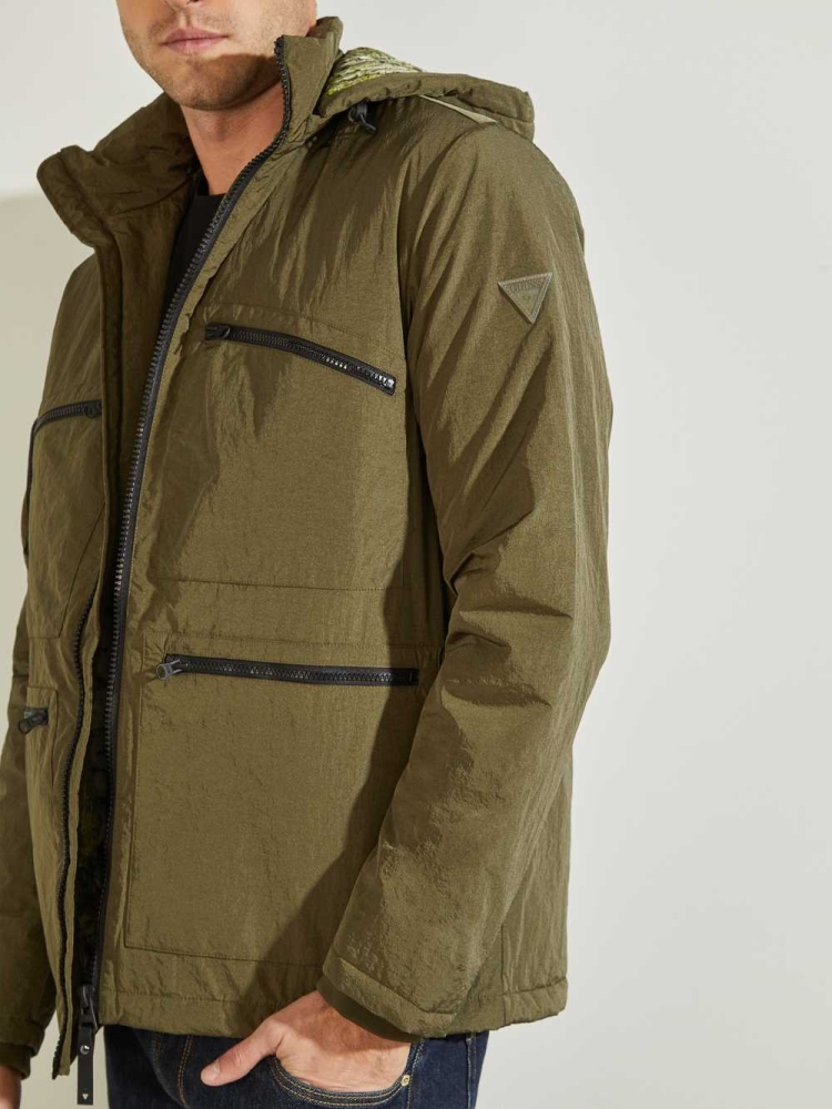 Olive Men's GUESS Ross Hooded Puffer Jackets | USA02VQHJS