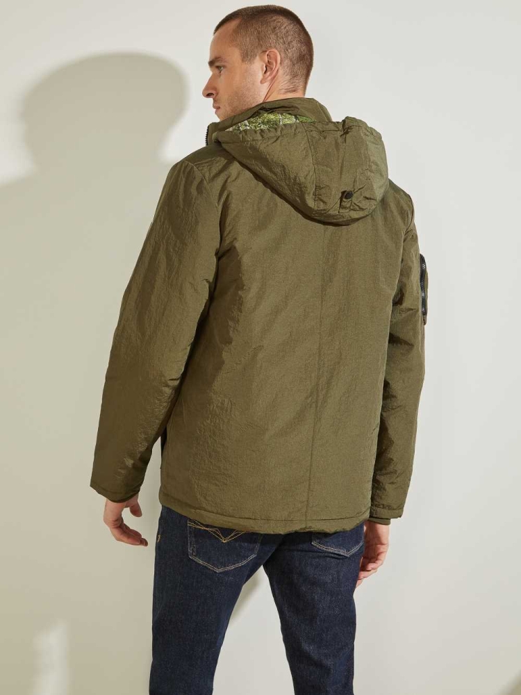 Olive Men's GUESS Ross Hooded Puffer Jackets | USA02VQHJS