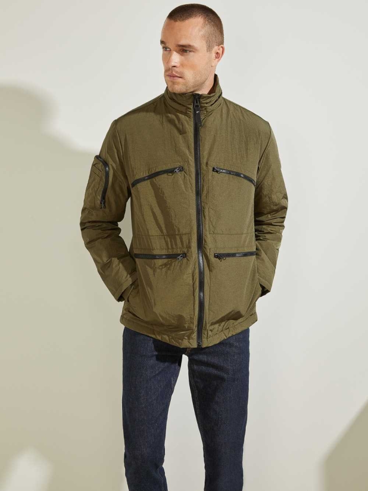 Olive Men's GUESS Ross Hooded Puffer Jackets | USA02VQHJS