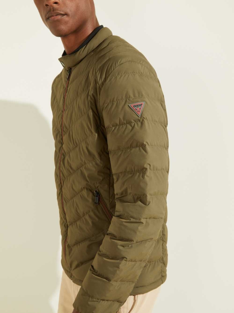 Olive Men's GUESS Slim Fit Puffer Jackets | USA48ZGDNT