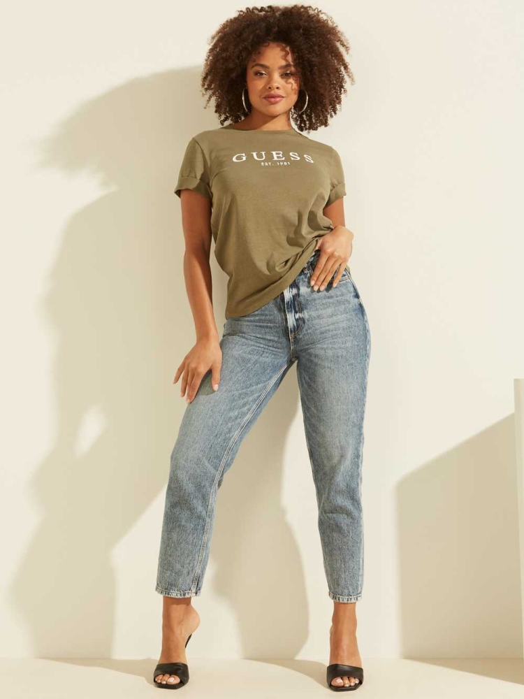 Olive Women's GUESS Eco 1981 Rolled Cuff Logo T-Shirts | USA51NVPYA