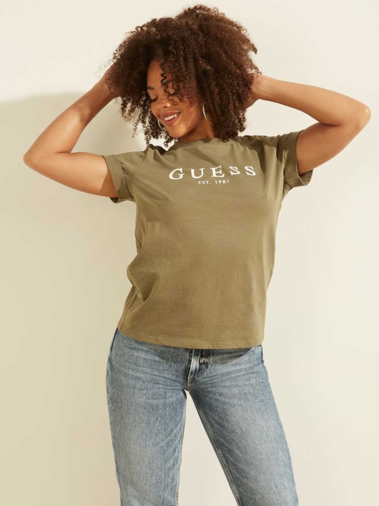 Olive Women\'s GUESS Eco 1981 Rolled Cuff Logo T-Shirts | USA51NVPYA