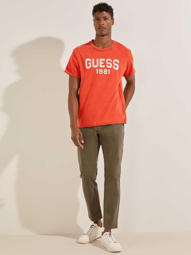 Orange Men's GUESS Eco Raw Patchwork Logo T-Shirts | USA84PSGMU