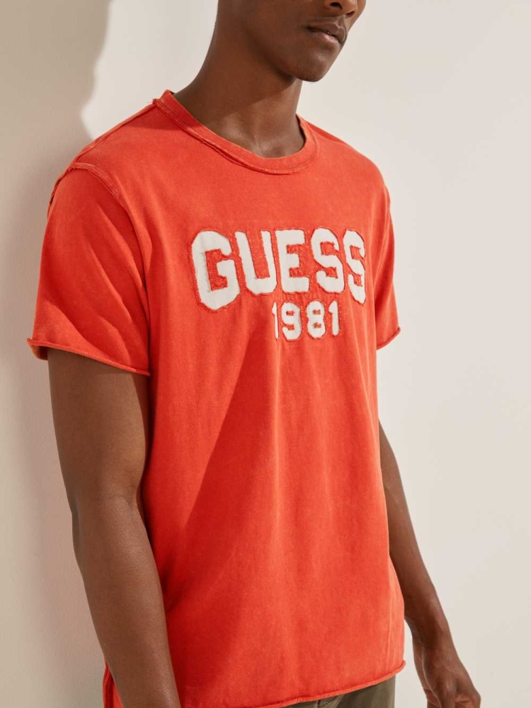 Orange Men's GUESS Eco Raw Patchwork Logo T-Shirts | USA84PSGMU