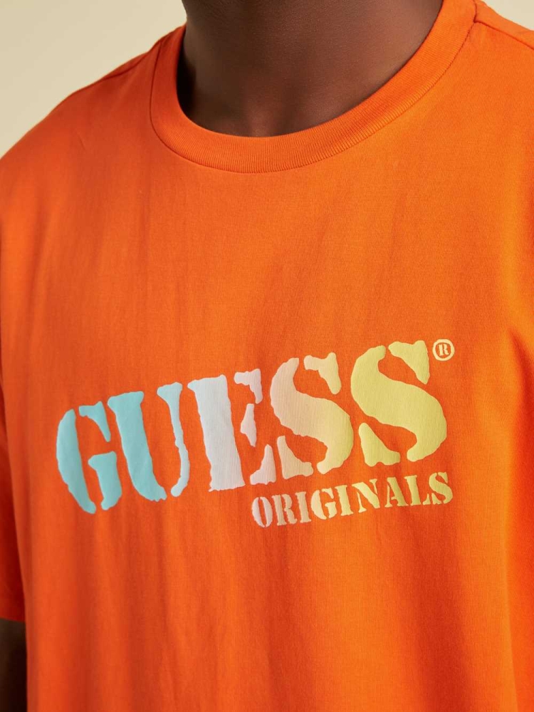 Orange Men's GUESS Originals Ombre Logo T-Shirts | USA23QYBZN