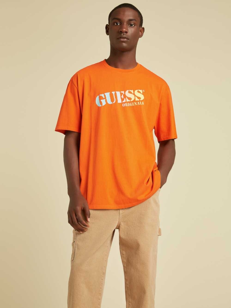 Orange Men\'s GUESS Originals Ombre Logo T-Shirts | USA23QYBZN