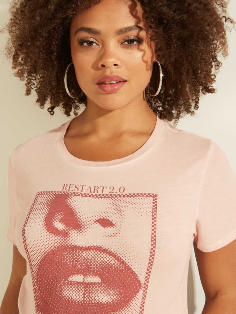 Pink Multicolor Women's GUESS Eco Pixel Lips Easy T-Shirts | USA17TCLDR