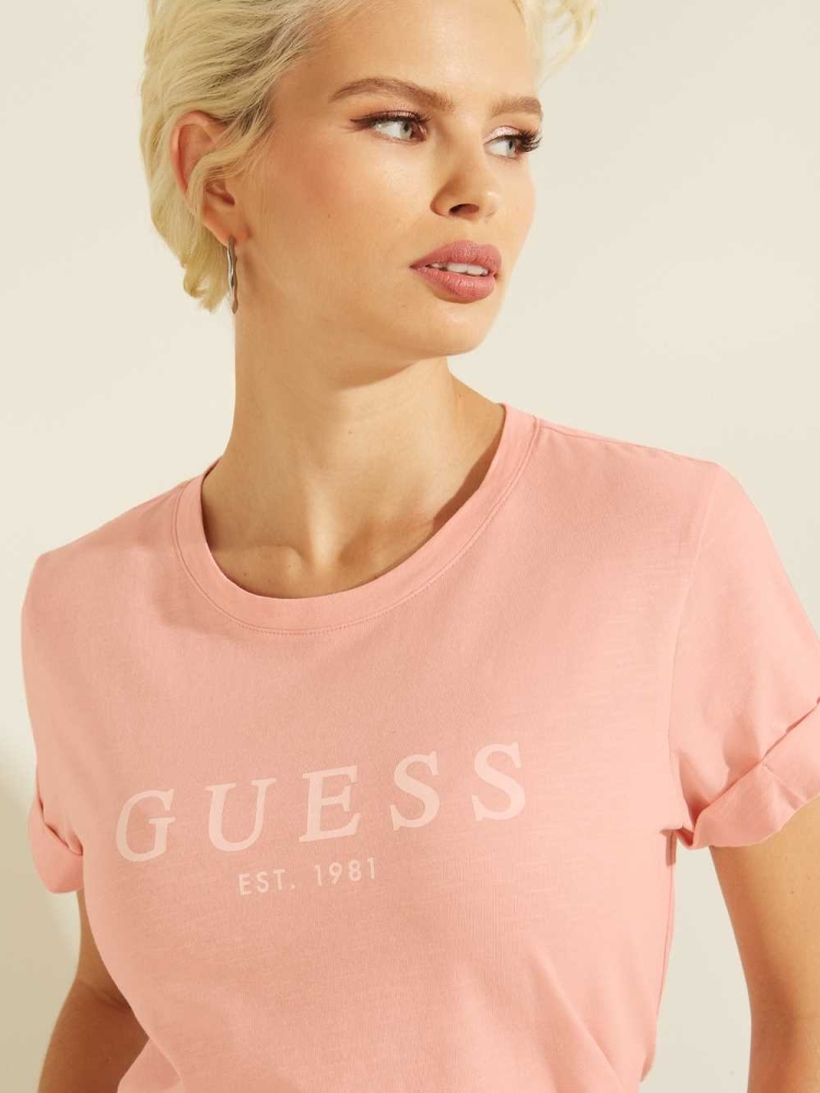 Pink Women's GUESS Eco 1981 Rolled Cuff Logo T-Shirts | USA75GHOZA