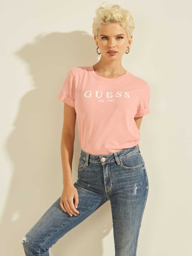 Pink Women\'s GUESS Eco 1981 Rolled Cuff Logo T-Shirts | USA75GHOZA