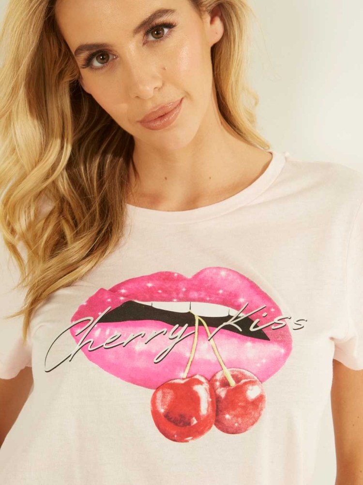 Pink Women's GUESS Eco Cherry Kiss T-Shirts | USA92EWGDF