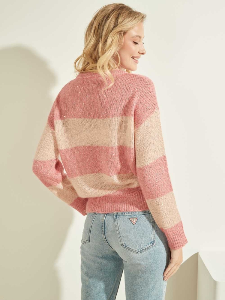 Pink Women's GUESS Lorraine Stripe Alpaca-Blend Sweaters | USA47QXYBD