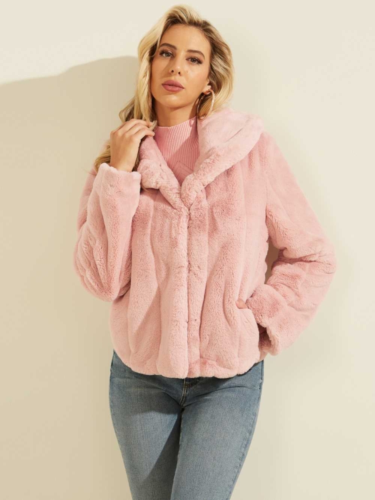 Pink Women's GUESS Sophy Faux-Fur Jackets | USA46ECGXF