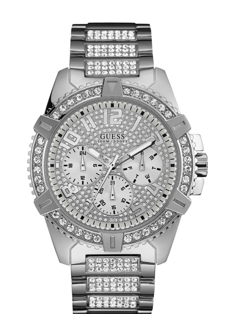 Platinum Men\'s GUESS Silver-Tone Multifunction Watches | USA38SQKNW