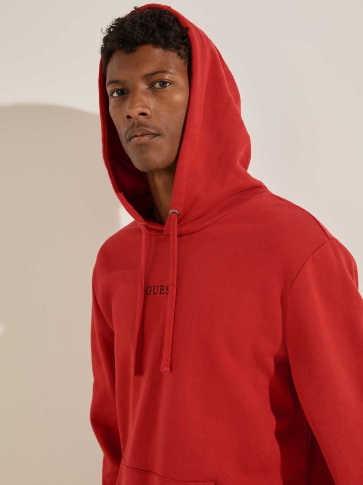 Red Men's GUESS Eco Roy Embroidered Logo Hoodies | USA43WPQXB