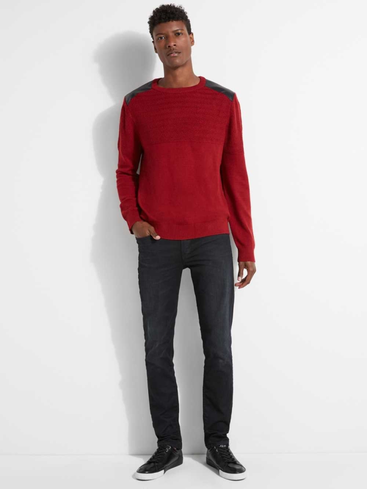 Red Men's GUESS Liam Herringbone Contrast Sweaters | USA64DJYTZ