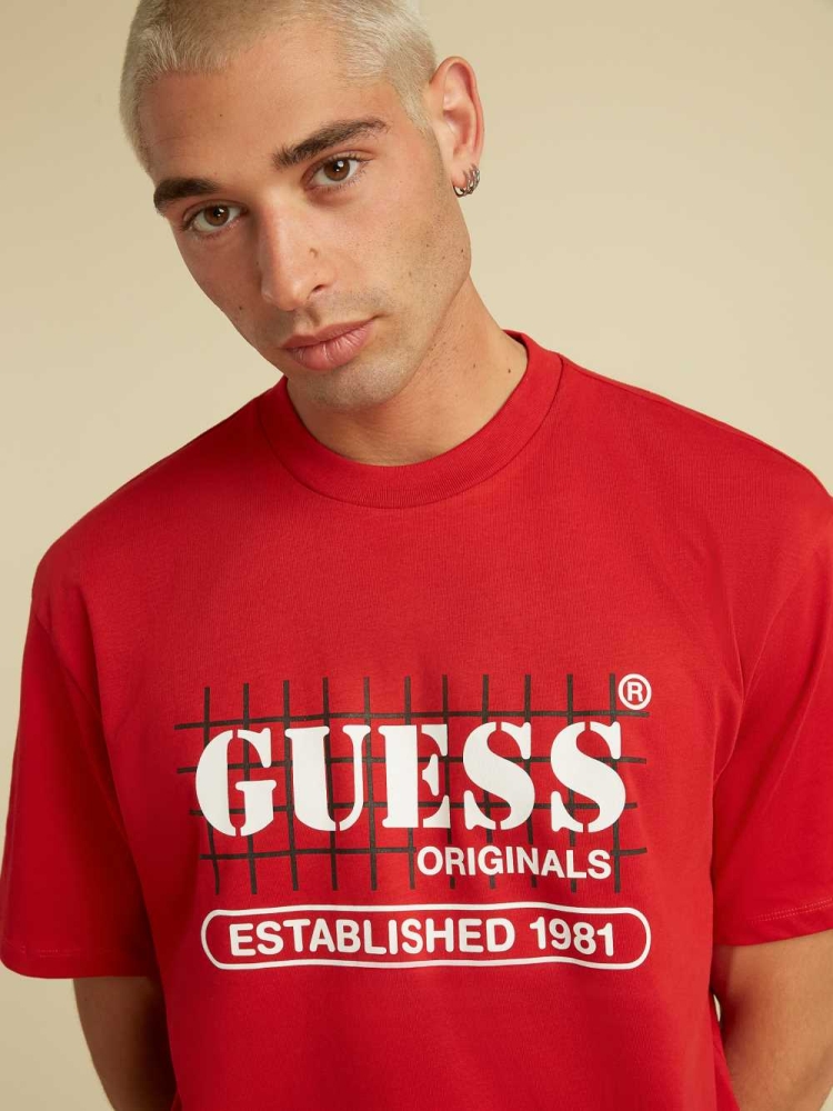 Red Men's GUESS Originals Grid T-Shirts | USA14ZOGAN