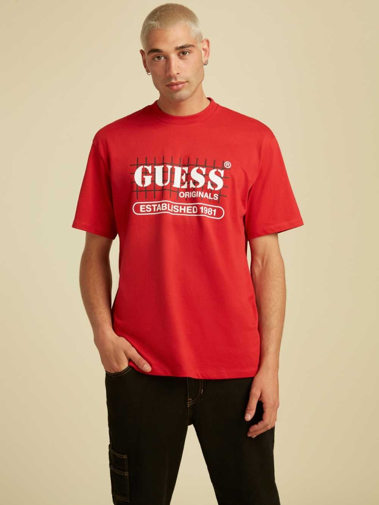 Red Men\'s GUESS Originals Grid T-Shirts | USA14ZOGAN