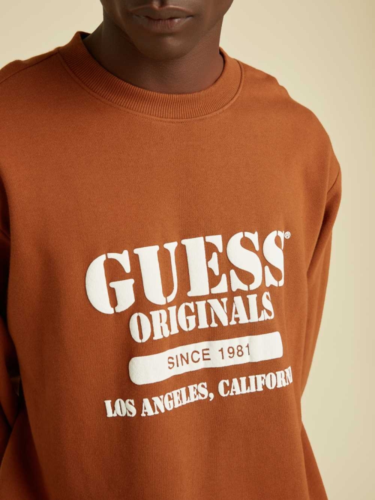 Red Men's GUESS Originals Logo Crewneck Sweatshirt | USA40LFOYT