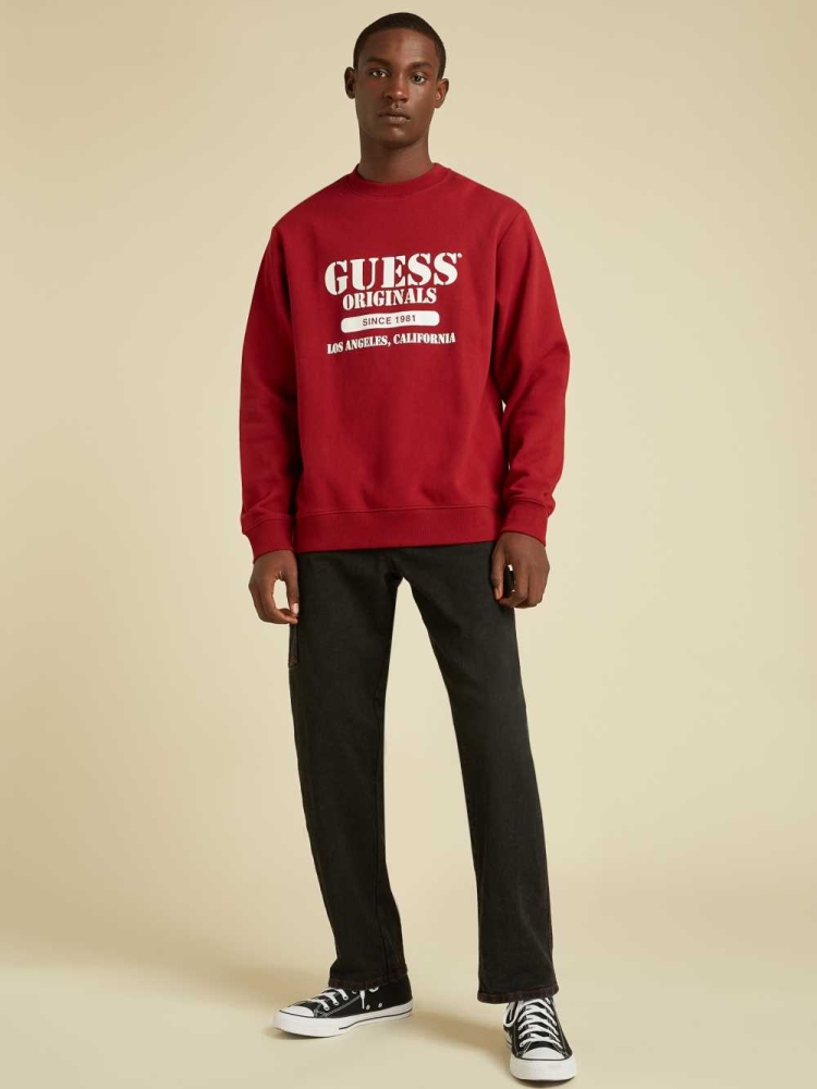 Red Men's GUESS Originals Logo Crewneck Sweatshirt | USA63AESQL