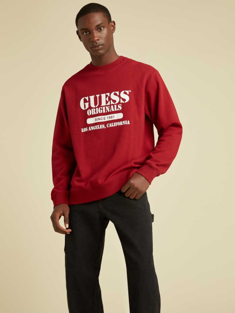 Red Men's GUESS Originals Logo Crewneck Sweatshirt | USA63AESQL