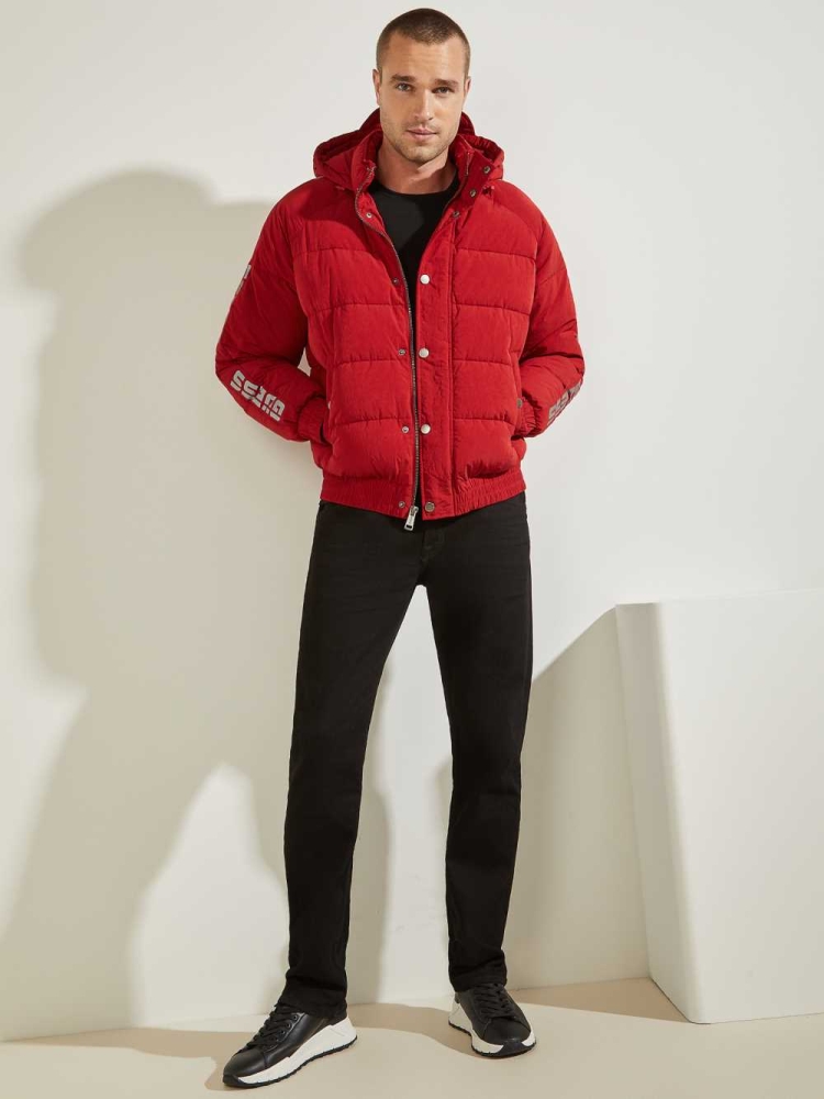 Red Men's GUESS Summit Nylon Ski Puffer Jackets | USA89WMXCP