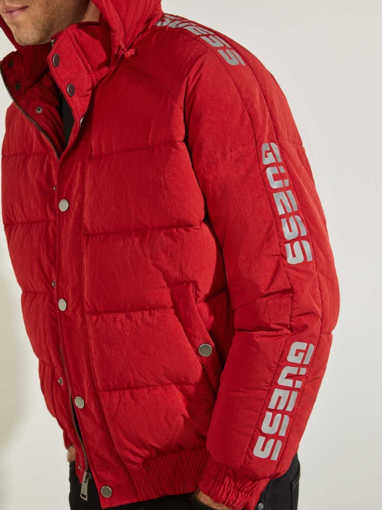 Red Men's GUESS Summit Nylon Ski Puffer Jackets | USA89WMXCP