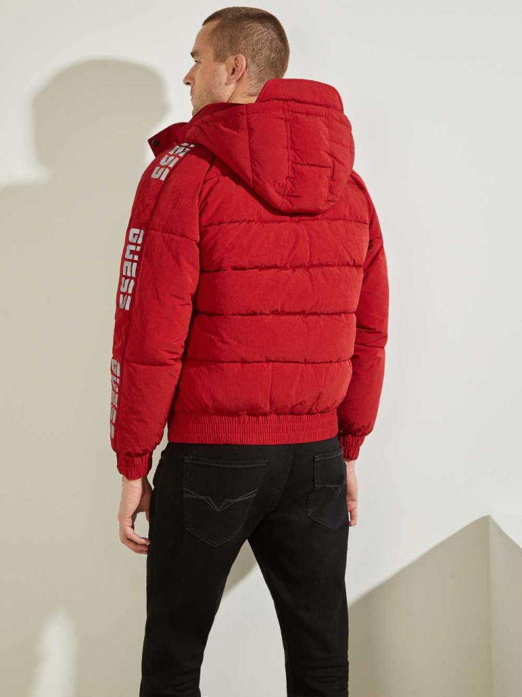 Red Men's GUESS Summit Nylon Ski Puffer Jackets | USA89WMXCP