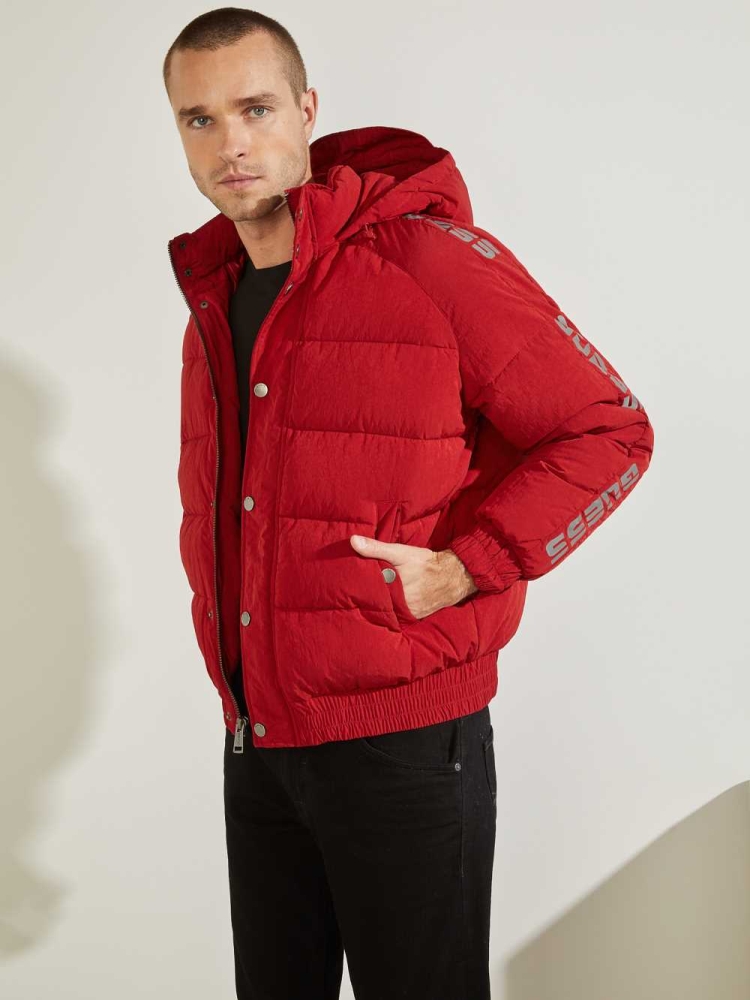 Red Men\'s GUESS Summit Nylon Ski Puffer Jackets | USA89WMXCP