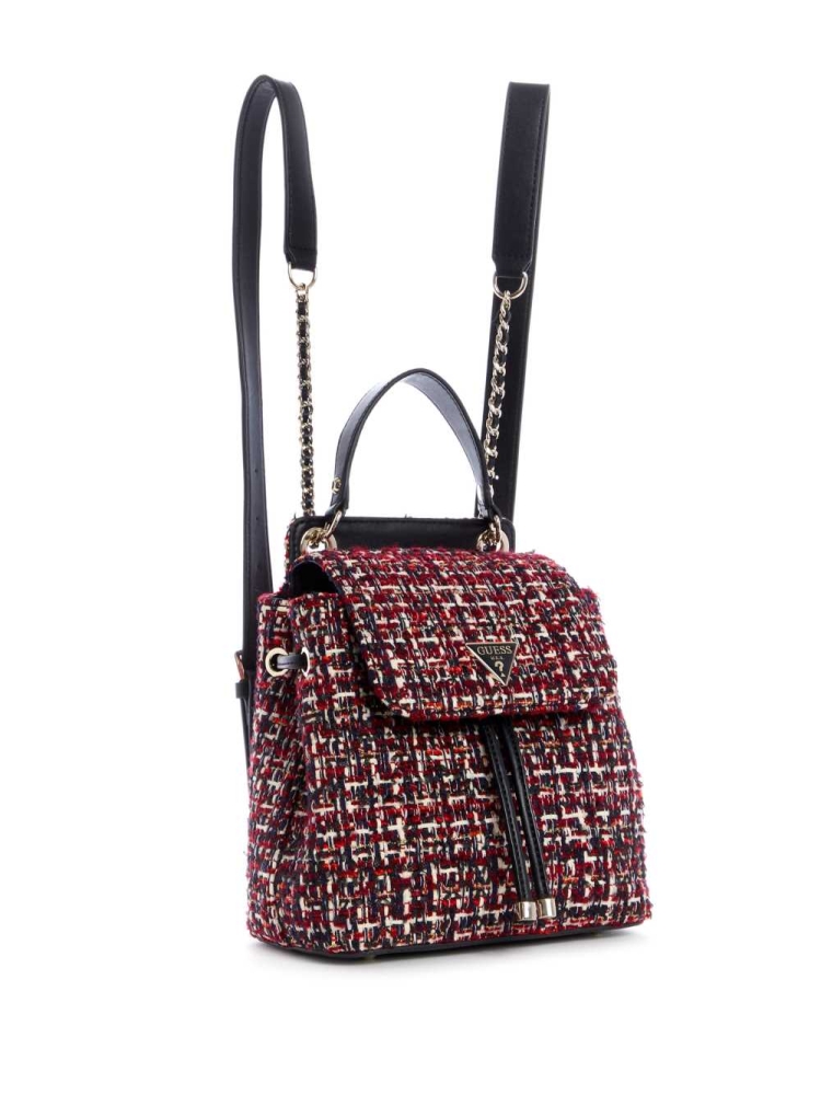 Red Multicolor Women's GUESS Cessily Tweed Convertible Backpacks | USA71JTDHW