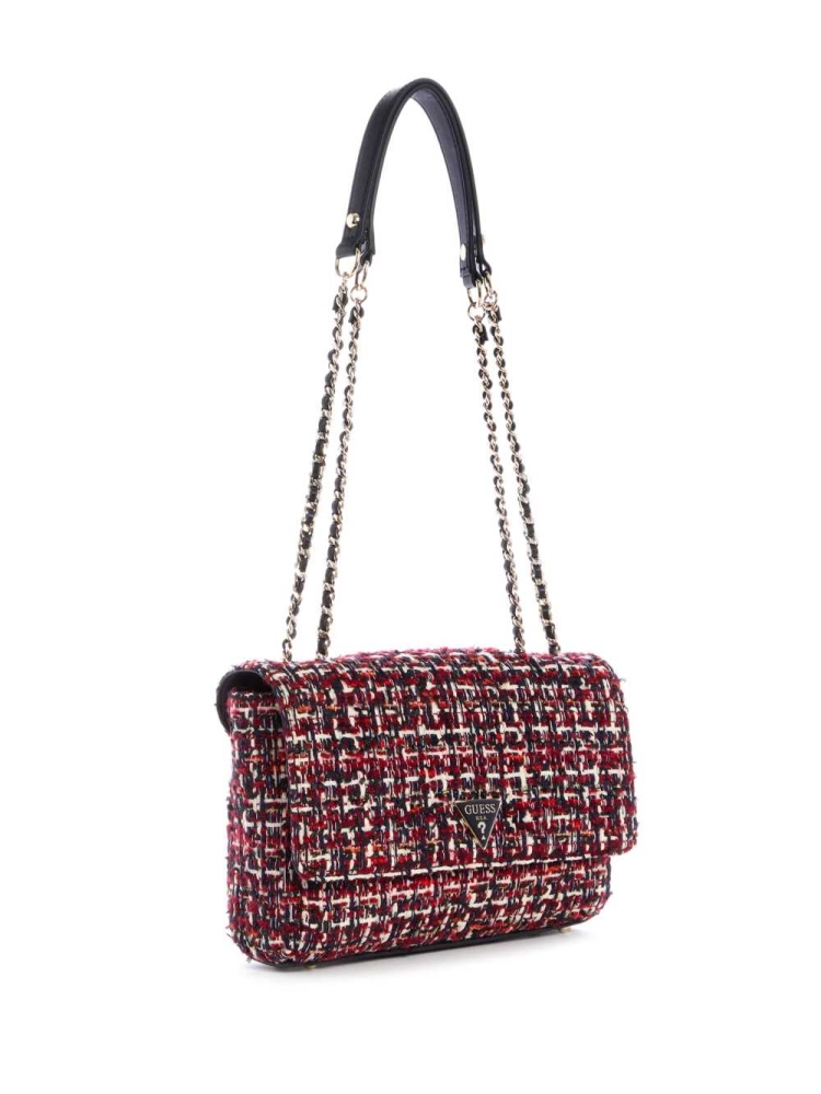 Red Multicolor Women's GUESS Cessily Tweed Convertible Crossbodies | USA86AEQUF