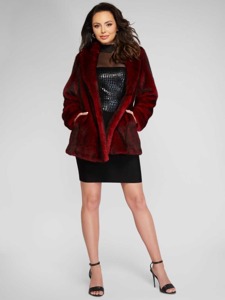 Red Multicolor Women's GUESS Olaia Faux-Fur Coats | USA90EBMRN