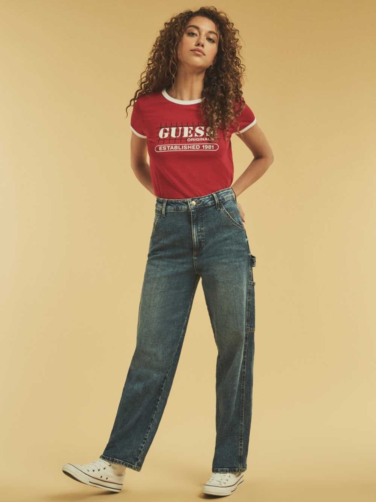 Red Multicolor Women's GUESS Originals Ringer T-Shirts | USA82QBJAO