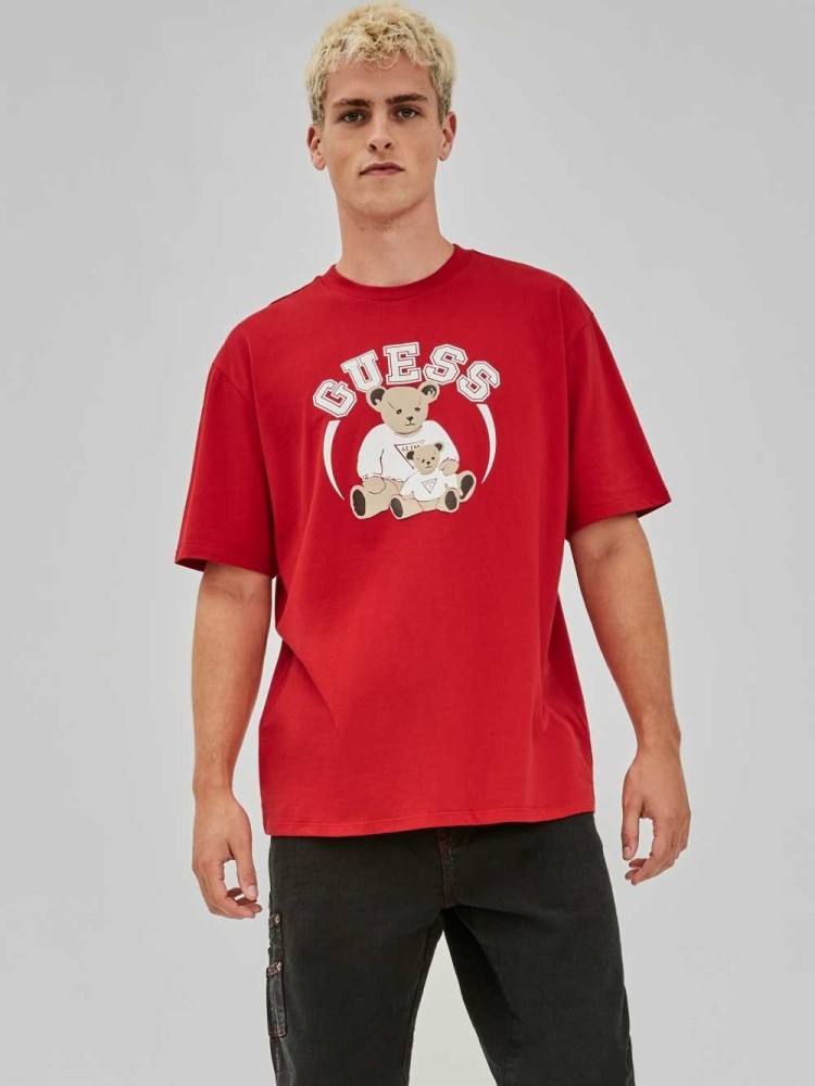 Red Pink Men's GUESS Originals Bear T-Shirts | USA91OZDTV