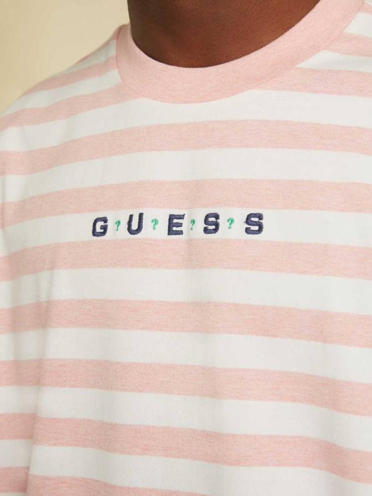 Red Pink Men's GUESS Originals Striped Logo T-Shirts | USA49NOQSI