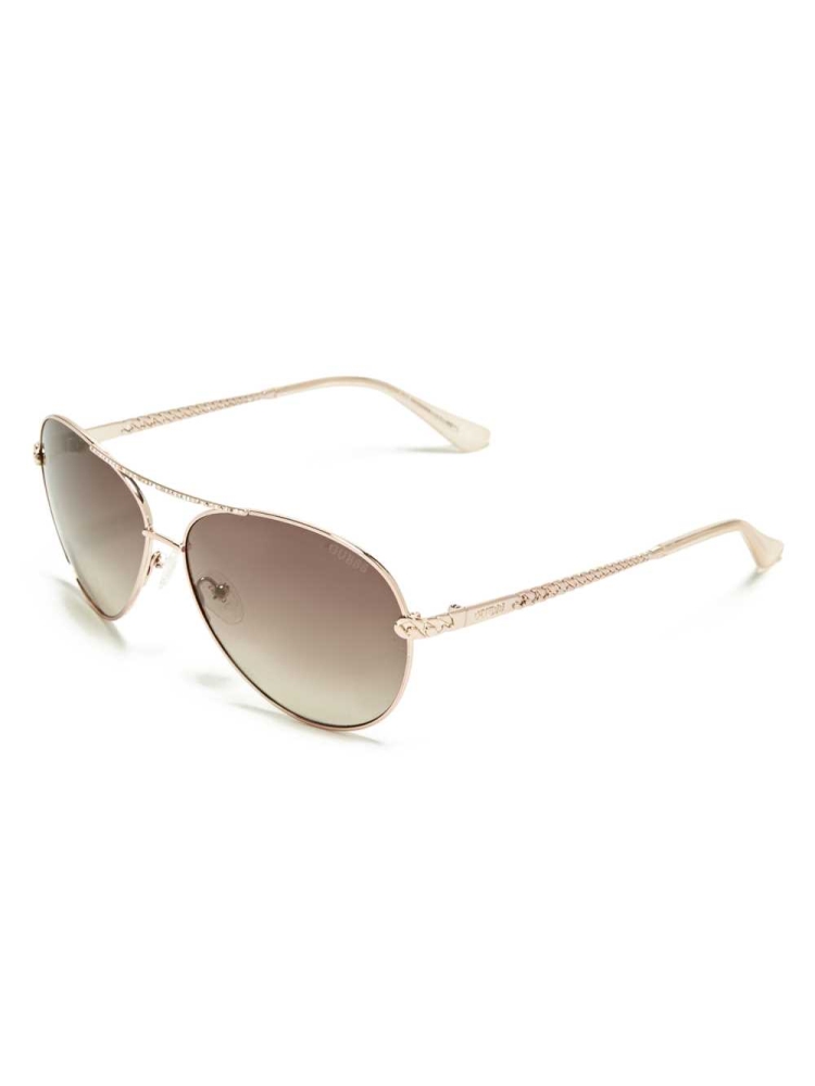 Rose Gold Women's GUESS Catherine Rhinestone Aviator Sunglasses | USA10MXLBW