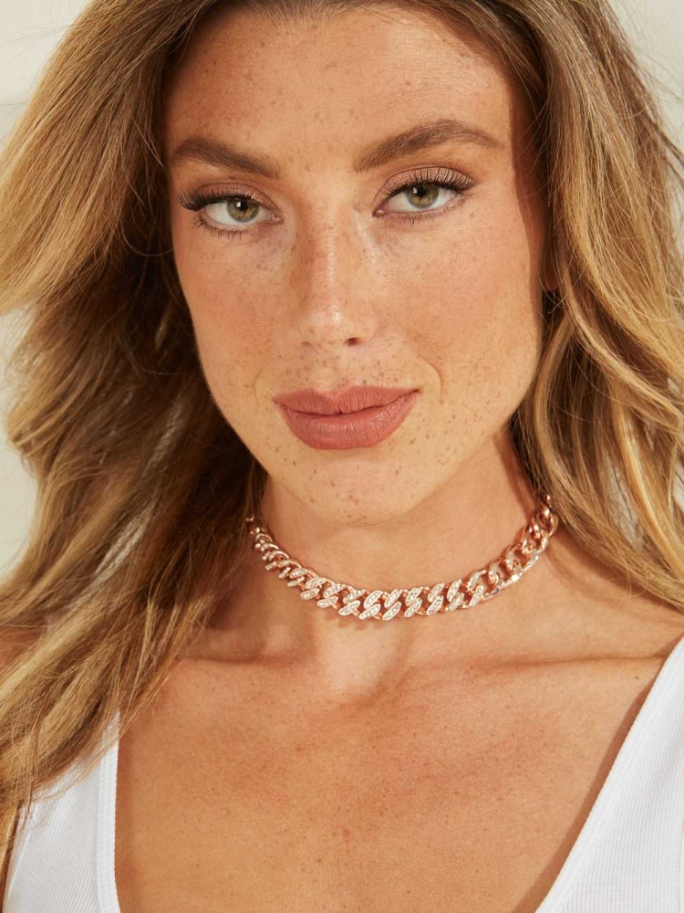 Rose Gold Women's GUESS Rose Gold-Tone Rhinestone Chain Neckline Necklace | USA78TPLQK