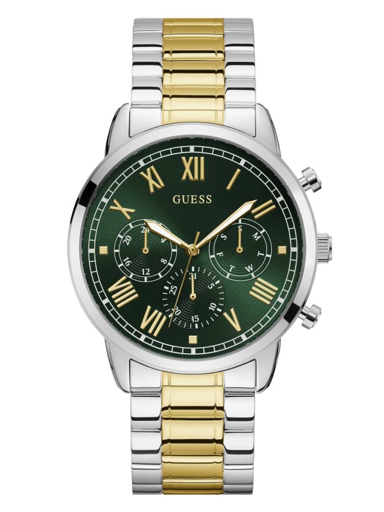 Silver Men\'s GUESS Green Two-Tone Multifunction Watches | USA78OITXA