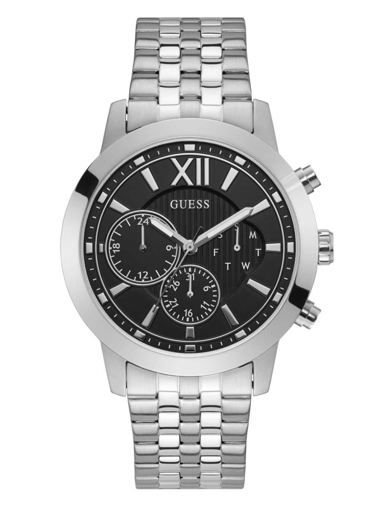 Silver Men\'s GUESS Silver-Tone And Black Chrono-Look Multifunction Watches | USA01JLKZG